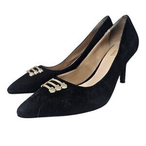 Love Moschino 37 Black Leather Pump Heel Gold Heart Bars Career Pointed Toe